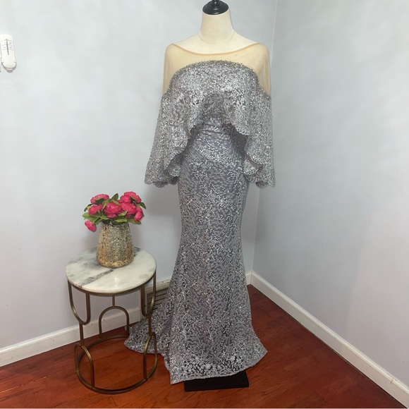 Mac Duggal Pearl Grey Cape Style Embellished Wedding Evening Gown- NWT- Reemoly - Picture 4 of 17